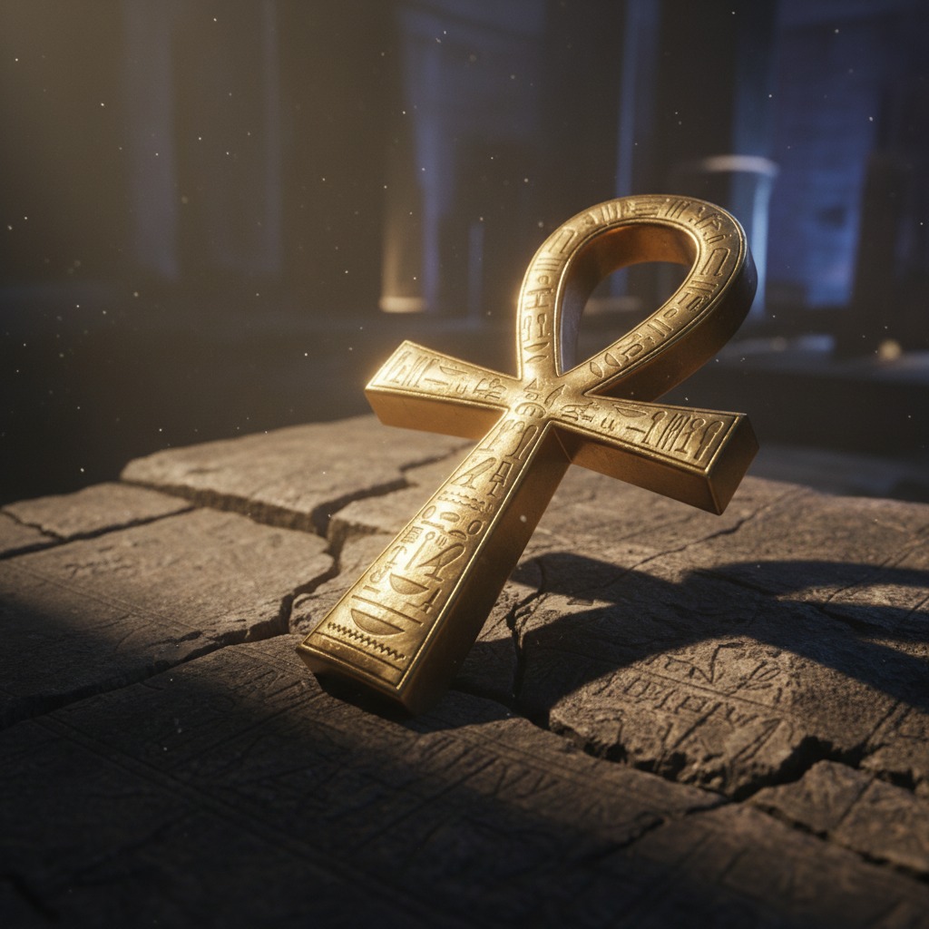 A golden ankh symbol engraved with hieroglyphics rests on a cracked stone surface in a dimly lit chamber.
