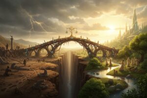A bridge made of tree roots connects a desolate, stormy wasteland on the left to a lush, sunlit paradise with a futuristic city on the right.