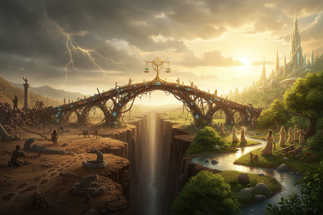 A bridge made of tree roots connects a desolate, stormy wasteland on the left to a lush, sunlit paradise with a futuristic city on the right.