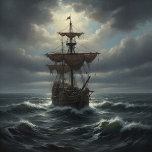 A tall ship with tattered sails navigates through choppy, dark waters under a stormy, rain-filled sky.