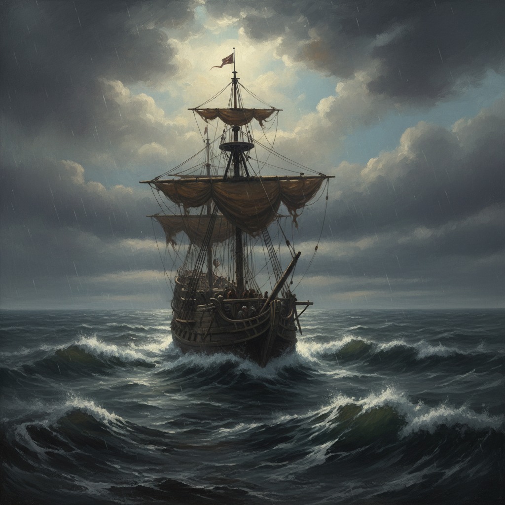A tall ship with tattered sails navigates through choppy, dark waters under a stormy, rain-filled sky.