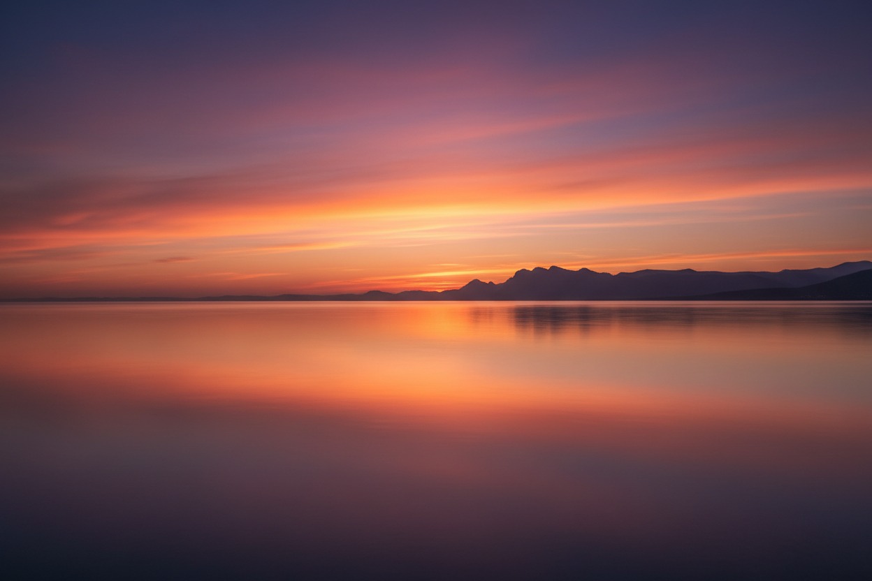 A vibrant sunset casts orange and purple hues over a calm, reflective body of water with distant mountains on the horizon.