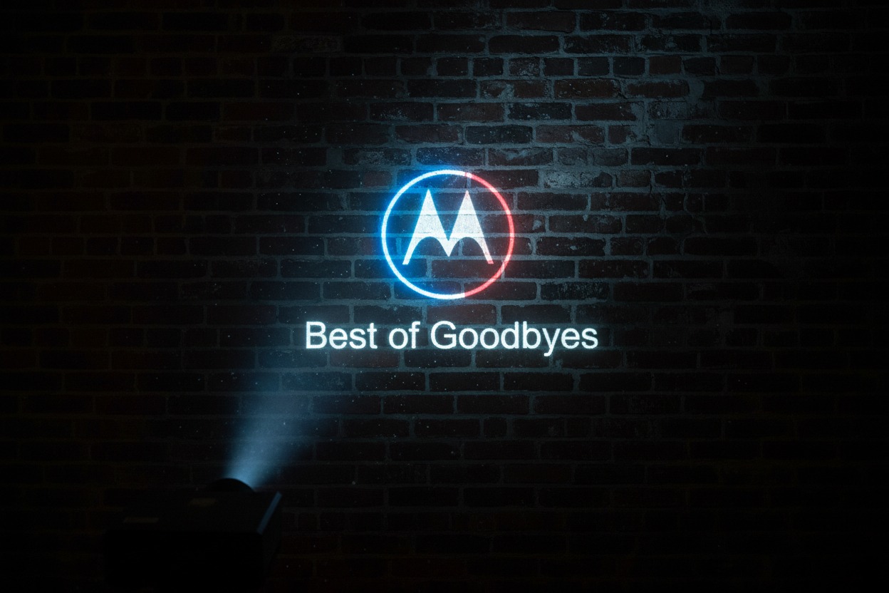 A projector casts the Motorola logo and the text "Best of Goodbyes" onto a dark brick wall.