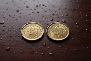 Two Hong Kong two-dollar coins rest on a dark wooden surface covered in water droplets.