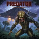 The Predator stands in a dark jungle beneath a hovering alien spacecraft with the title "Predator: The Hunt Begins" displayed above.