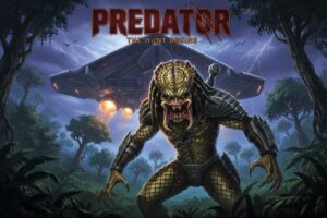 The Predator stands in a dark jungle beneath a hovering alien spacecraft with the title "Predator: The Hunt Begins" displayed above.
