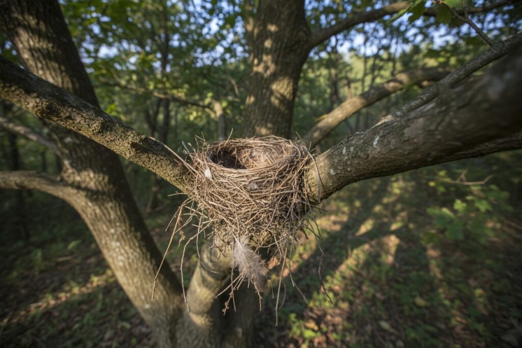 An empty bird's nest sits securely in the fork of a tree branch in a sunlit forest.