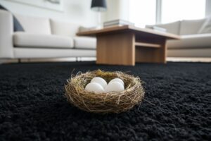 A small bird's nest containing four white eggs rests on a black shaggy rug in a brightly lit living room.