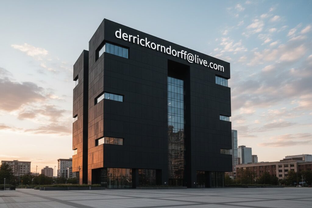 A modern, black, cubic office building stands in a paved plaza at sunset with an email address displayed on its upper facade.