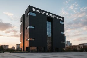 A modern, black, cubic office building stands in a paved plaza at sunset with an email address displayed on its upper facade.