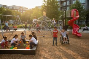 Diverse children play together on a sunny afternoon in a modern playground with a sandbox, climbing dome, swings, and slide.