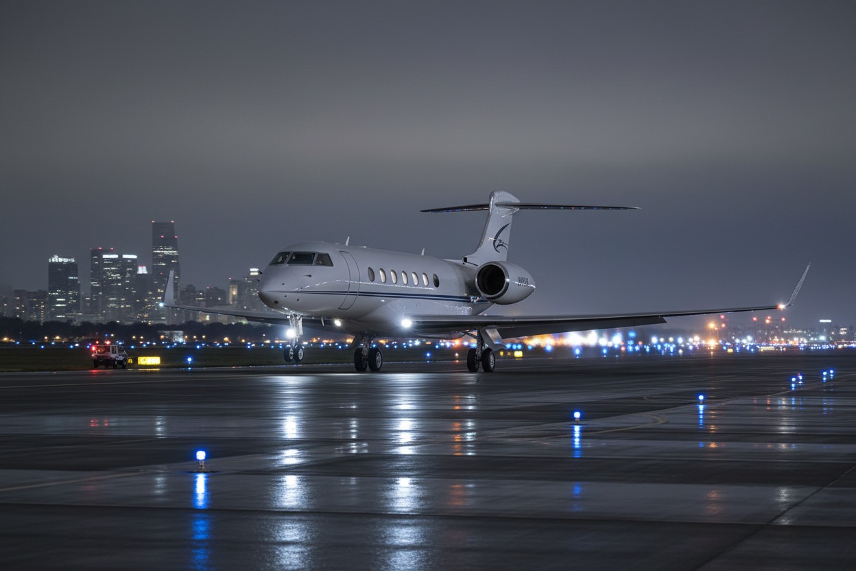 A private jet taxis on a wet airport runway at night with a city skyline in the background.