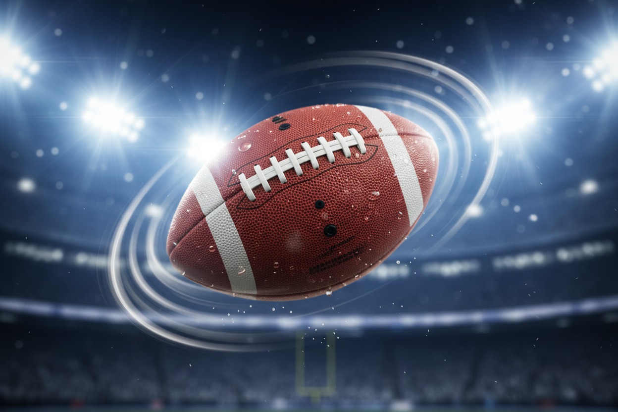 A football spins in mid-air against the backdrop of a brightly lit stadium at night.