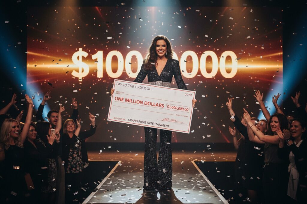 A woman in a sparkling jumpsuit stands on a stage holding a large one-million-dollar check while confetti falls around her.