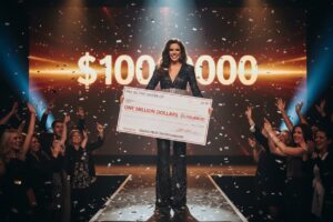 A woman in a sparkling jumpsuit stands on a stage holding a large one-million-dollar check while confetti falls around her.